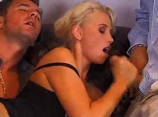 Two dudes bang a super hot young blonde
