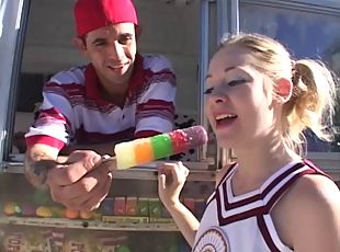 Blonde Cheerleader in uniform moans as she gets banged outdoor